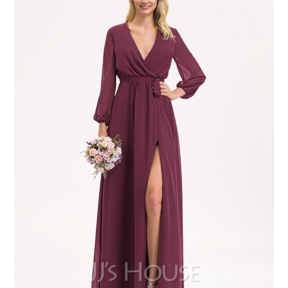 A-Line V-neck Floor-Length Chiffon Bridesmaid Dress in Mulberry